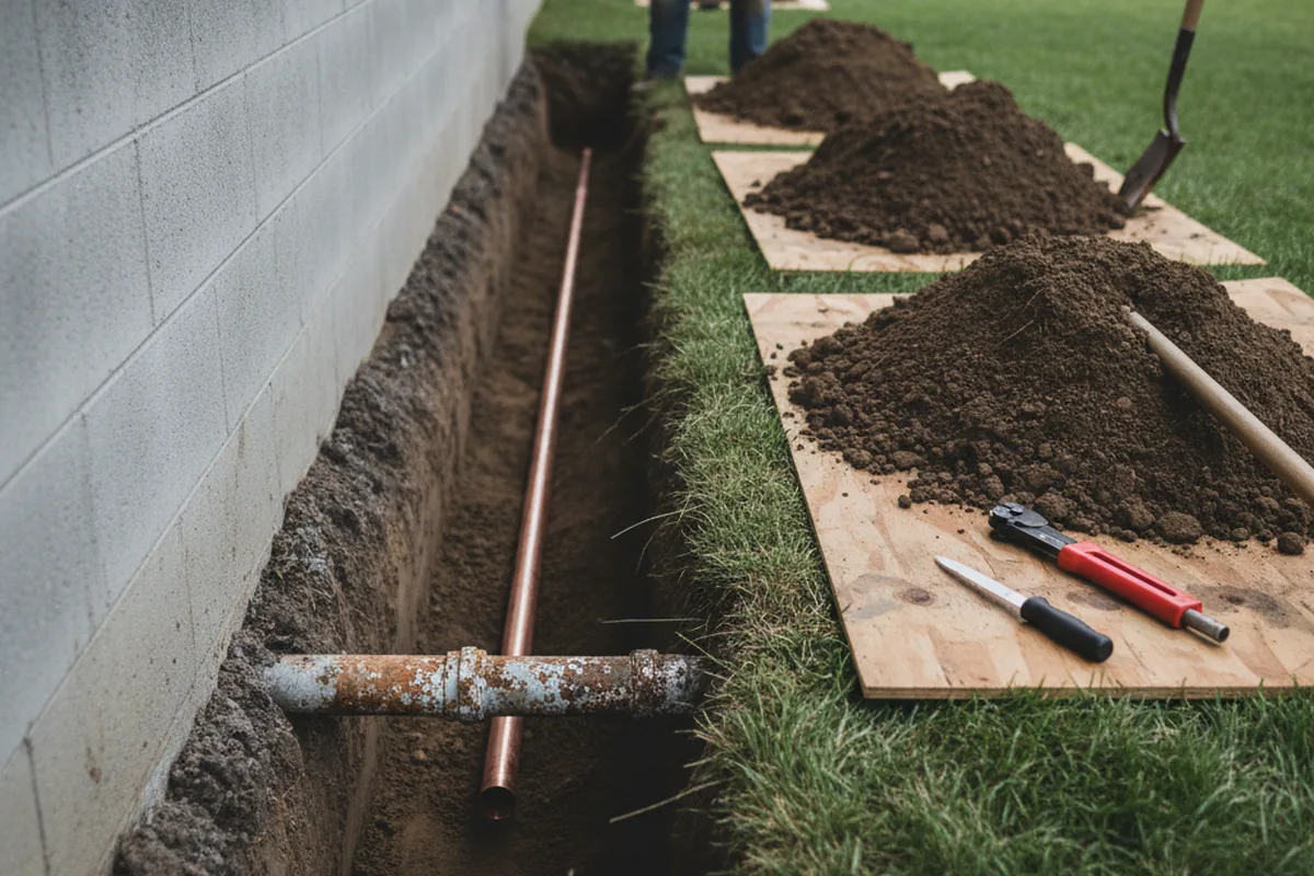 Excavated water line trench during Water Softener Installation in Ixonia